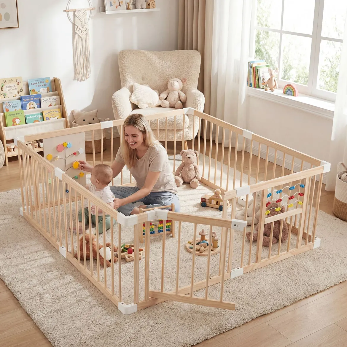 Baby Laufstall aus Kiefernholz inkl. 8 Paneele Faltbarer Laufgitter mit Tür Krabbelgitter 160 x 160 cm
