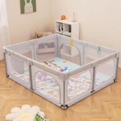 Baby Laufstall mit Matratze & 50 Spielbällen & 4 Zugringen & 4 Reißverschlusstür Hellgrau