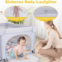 Baby Laufstall mit Matratze & 50 Spielbällen & 4 Zugringen & 4 Reißverschlusstür Hellgrau