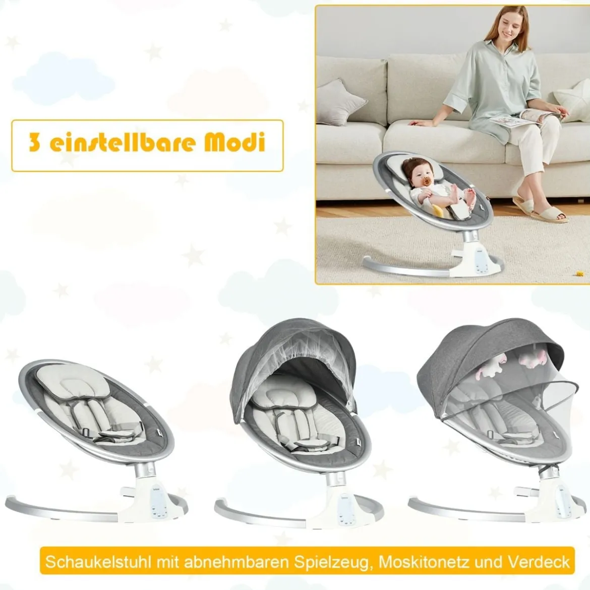 Babyschaukel 5-fach einstellbar tragbare Babywippe 62 x 62 x 128 cm Grau