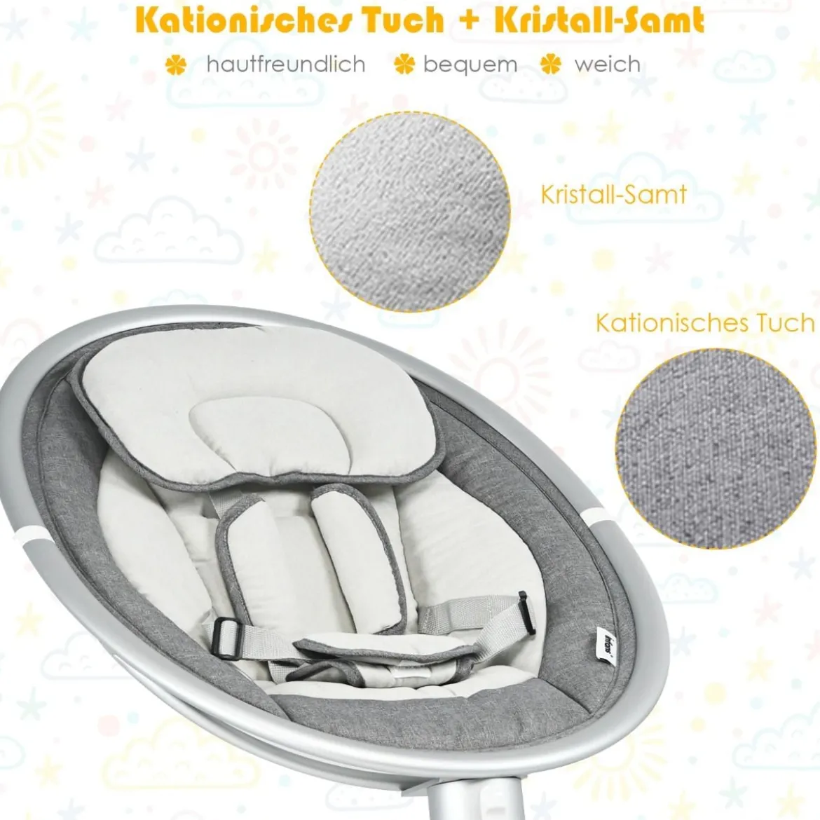 Babyschaukel 5-fach einstellbar tragbare Babywippe 62 x 62 x 128 cm Grau