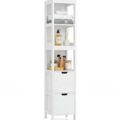 Badezimmer Hochschrank Badhochschrank Badschrank mit 2 Schubladen Holz Weiß 30 x 30 x 144,5 cm