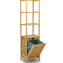Badezimmer Hochschrank mit Wäschekorb aus Bambus mit Regalen Ideal für Bad40 x 33 x 160 cm Natur