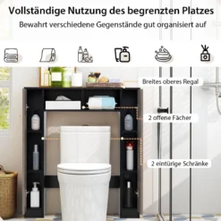 Badezimmerregal für über der Toilette doppeltüriger WC-Schrank mit 2 offenen Fächern Schwarz