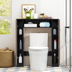 Badezimmerregal für über der Toilette doppeltüriger WC-Schrank mit 2 offenen Fächern Schwarz