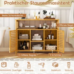 Badezimmerschrank aus Bambus 2-Türen-Organizer mit offenen Regalen freistehender Aufbewahrungsschrank Natur