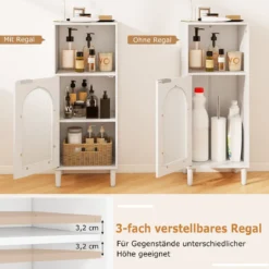 Badezimmerschrank Badschrank schmal mit offenem Fach & Glastür Badkommode Holz mit verstellbaren Regal 35 x 30 x 90 cm Weiß