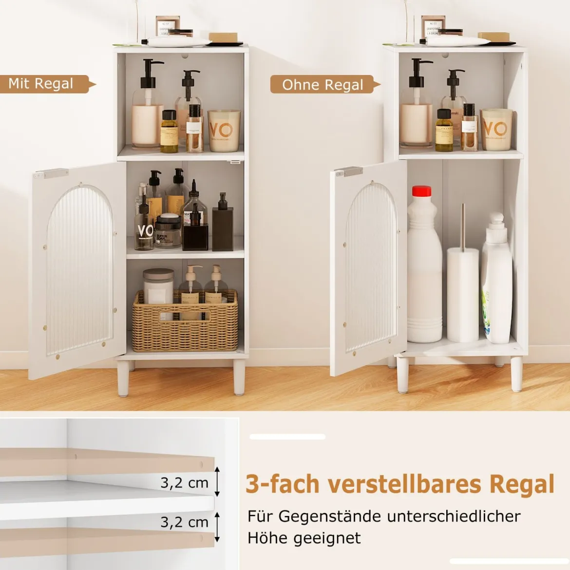 Badezimmerschrank Badschrank schmal mit offenem Fach & Glastür Badkommode Holz mit verstellbaren Regal 35 x 30 x 90 cm Weiß