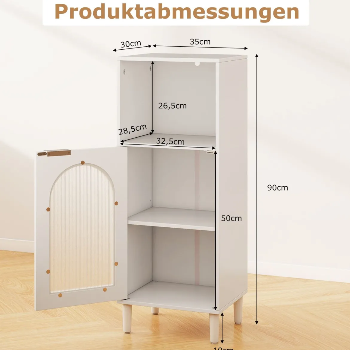 Badezimmerschrank Badschrank schmal mit offenem Fach & Glastür Badkommode Holz mit verstellbaren Regal 35 x 30 x 90 cm Weiß