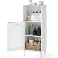 Badezimmerschrank Badschrank schmal mit offenem Fach & Glastür Badkommode Holz mit verstellbaren Regal 35 x 30 x 90 cm Weiß