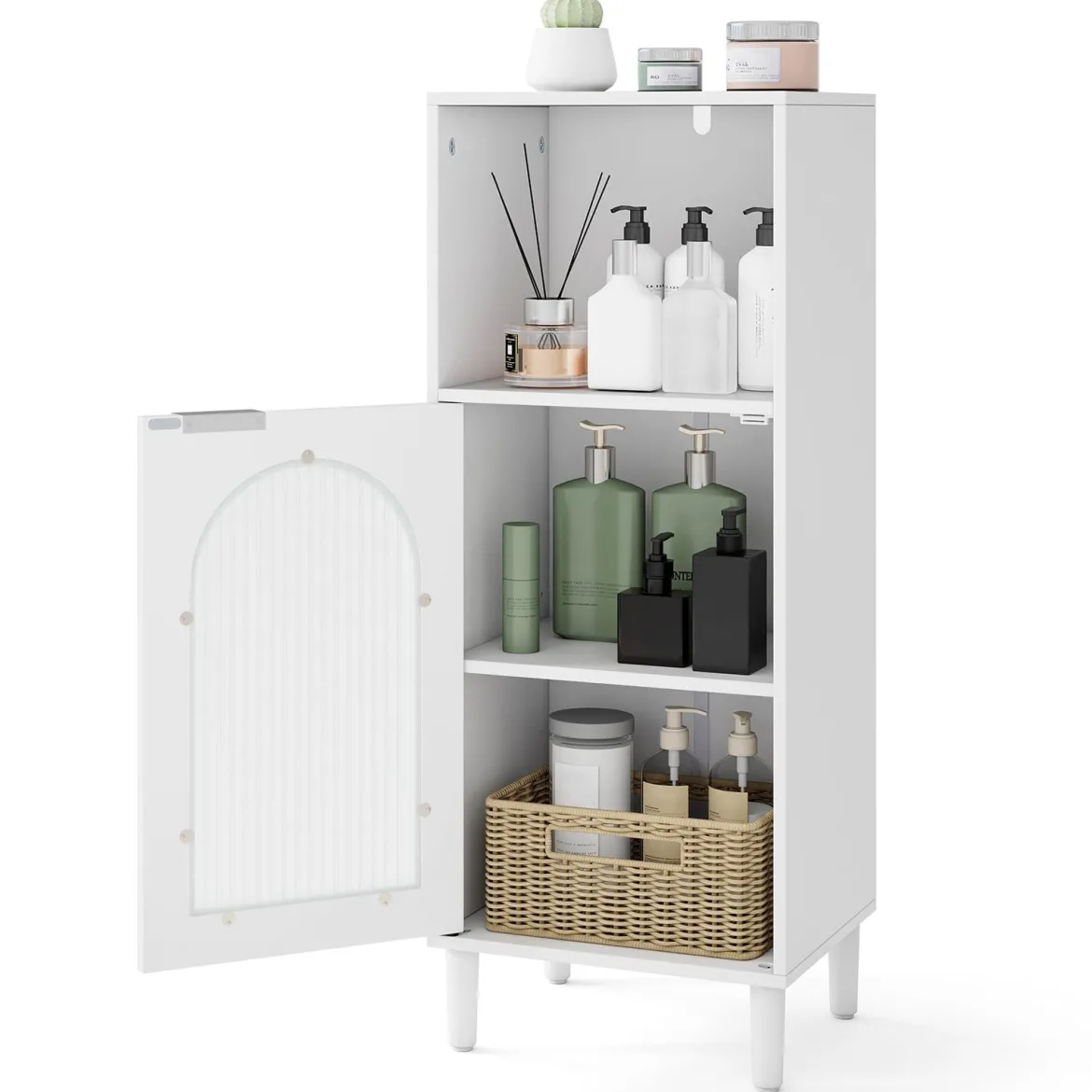 Badezimmerschrank Badschrank schmal mit offenem Fach & Glastür Badkommode Holz mit verstellbaren Regal 35 x 30 x 90 cm Weiß