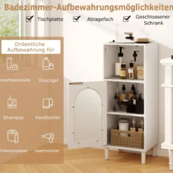 Badezimmerschrank Badschrank schmal mit offenem Fach & Glastür Badkommode Holz mit verstellbaren Regal 35 x 30 x 90 cm Weiß
