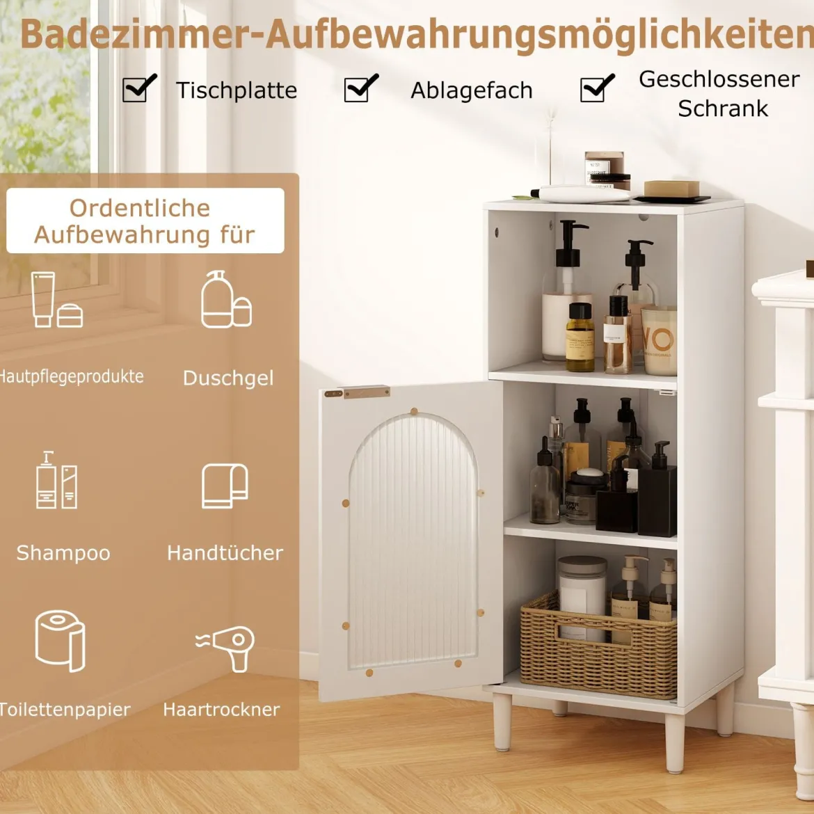 Badezimmerschrank Badschrank schmal mit offenem Fach & Glastür Badkommode Holz mit verstellbaren Regal 35 x 30 x 90 cm Weiß