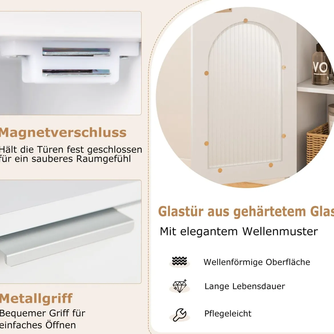 Badezimmerschrank Badschrank schmal mit offenem Fach & Glastür Badkommode Holz mit verstellbaren Regal 35 x 30 x 90 cm Weiß