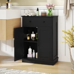 Badezimmerschrank Badschrank mit Schublade Türen & verstellbarem Regal Kommode Holz für Badezimmer 56 x 30 x 80cm Schwarz