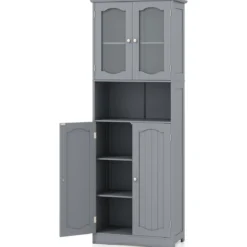 Badezimmerschrank freistehender Hochschrank mit 4 Türen & Verstellbarem Einlegeboden Badschrank mit Kippschutz Grau 164 cm