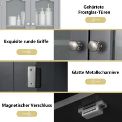 Badezimmerschrank freistehender Hochschrank mit 4 Türen & Verstellbarem Einlegeboden Badschrank mit Kippschutz Grau 164 cm