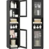 Badezimmerschrank Hochschrank mit 2 Transparenten Glastüren Verstellbaren Regalen 40 x 30 x 170 cm Schwarz