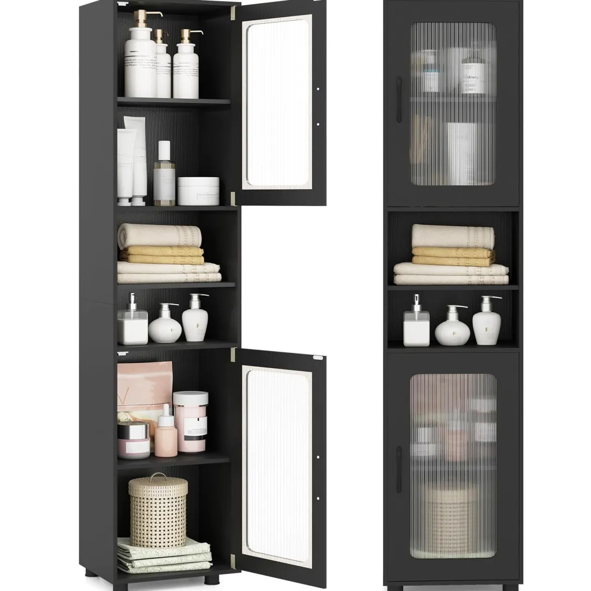 Badezimmerschrank Hochschrank mit 2 Transparenten Glastüren Verstellbaren Regalen 40 x 30 x 170 cm Schwarz