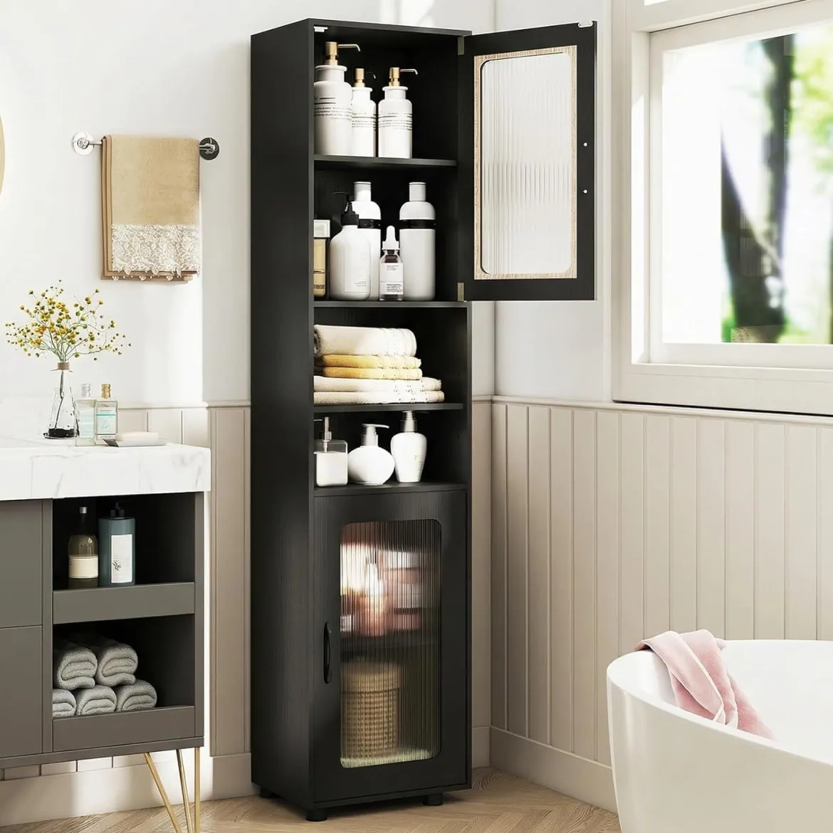Badezimmerschrank Hochschrank mit 2 Transparenten Glastüren Verstellbaren Regalen 40 x 30 x 170 cm Schwarz