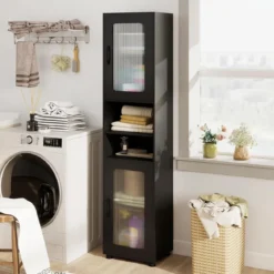 Badezimmerschrank Hochschrank mit 2 Transparenten Glastüren Verstellbaren Regalen 40 x 30 x 170 cm Schwarz
