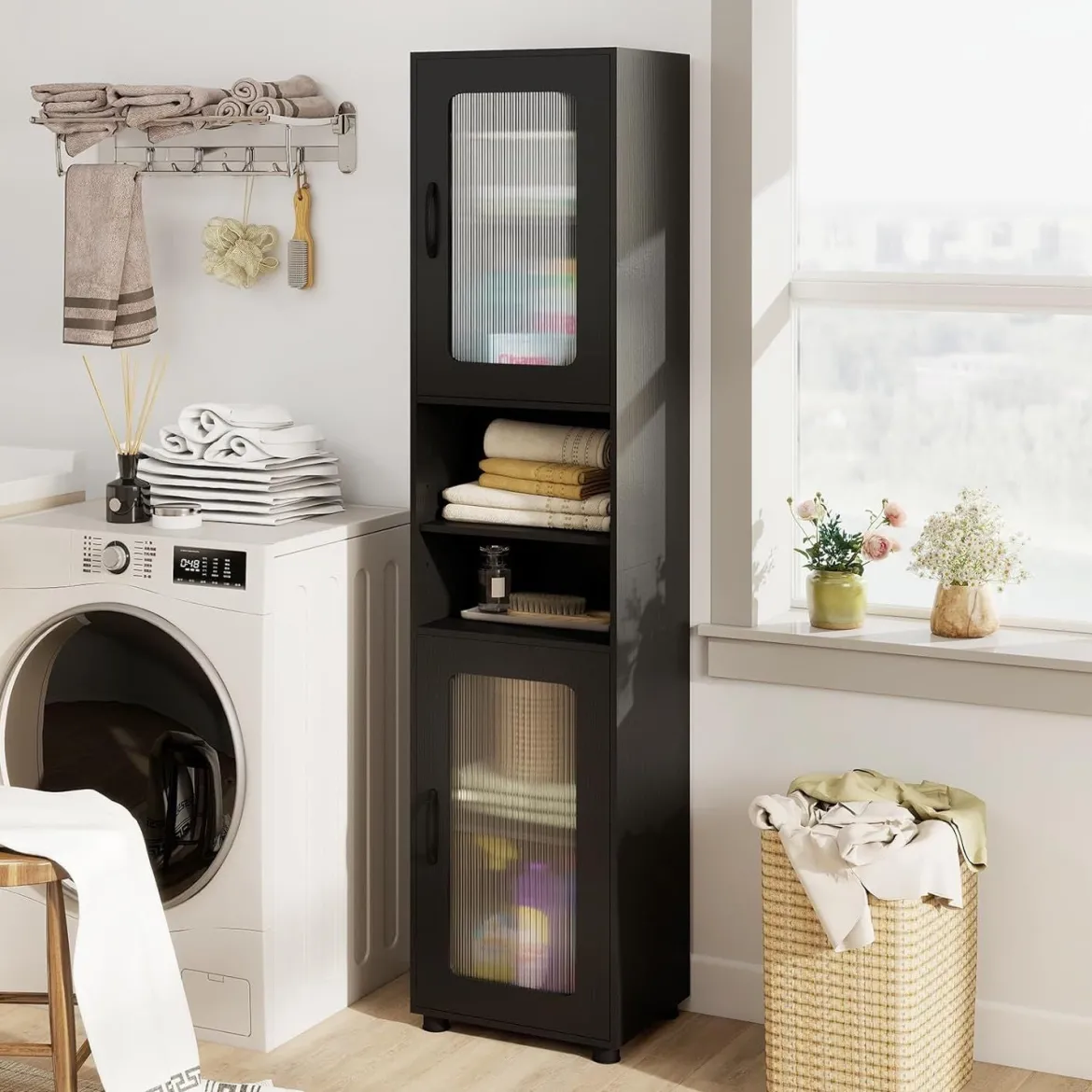 Badezimmerschrank Hochschrank mit 2 Transparenten Glastüren Verstellbaren Regalen 40 x 30 x 170 cm Schwarz