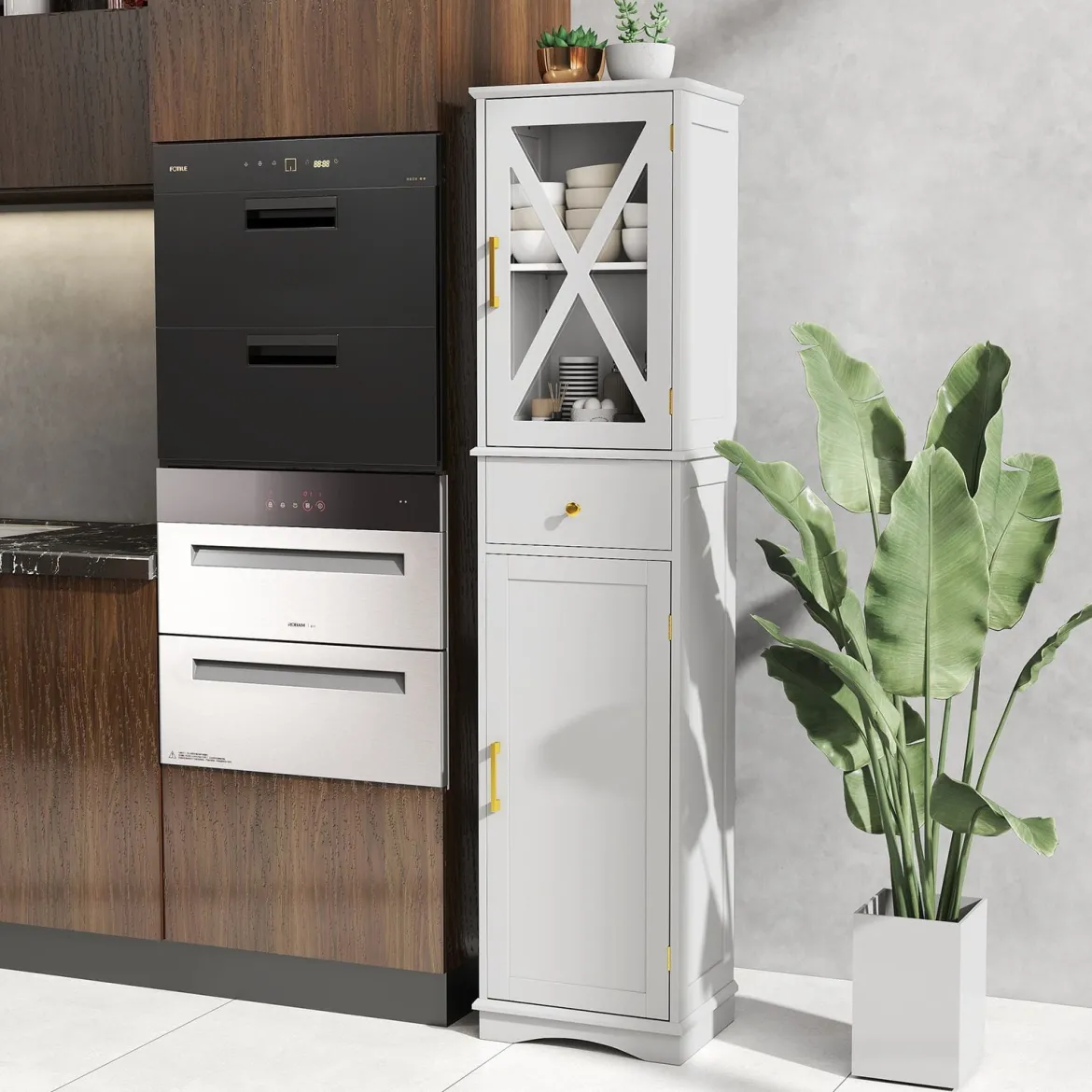 Badezimmerschrank Hochschrank mit verstellbaren Einlegeböden Schublade 2 Türen Badschrank hoch Weiß