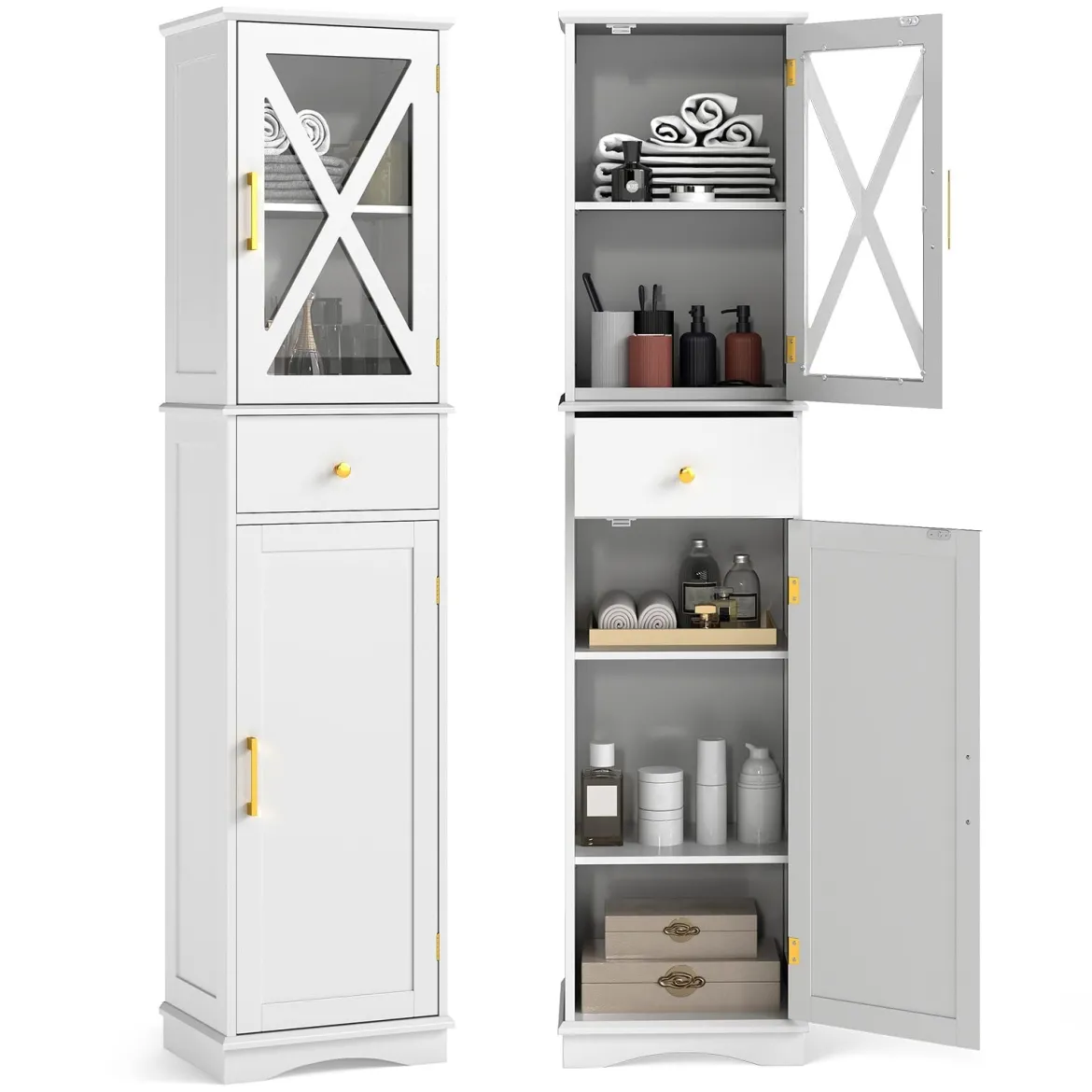 Badezimmerschrank Hochschrank mit verstellbaren Einlegeböden Schublade 2 Türen Badschrank hoch Weiß