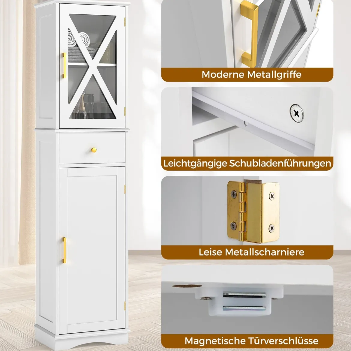 Badezimmerschrank Hochschrank mit verstellbaren Einlegeböden Schublade 2 Türen Badschrank hoch Weiß