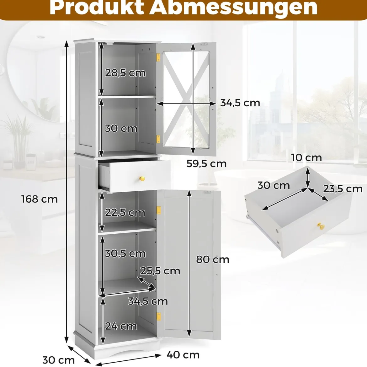 Badezimmerschrank Hochschrank mit verstellbaren Einlegeböden Schublade 2 Türen Badschrank hoch Weiß