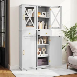 Badezimmerschrank Hochschrank mit verstellbaren Einlegeböden Schublade 2 Türen Badschrank hoch Weiß