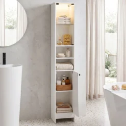 Badezimmerschrank Hochschrank mit Beleuchtung & Fernbedienung Schmaler Badschrank