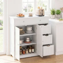 Badezimmerschrank Holz Freistehender Badschrank mit 4 Schubladen und 2 Türen 80 x 30 x 82 cm Weiß