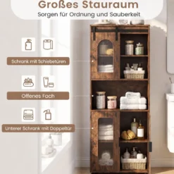 Badezimmerschrank im Landhausstil mit Schiebetür & Offenem Fach 60 x 30 x 150 cm