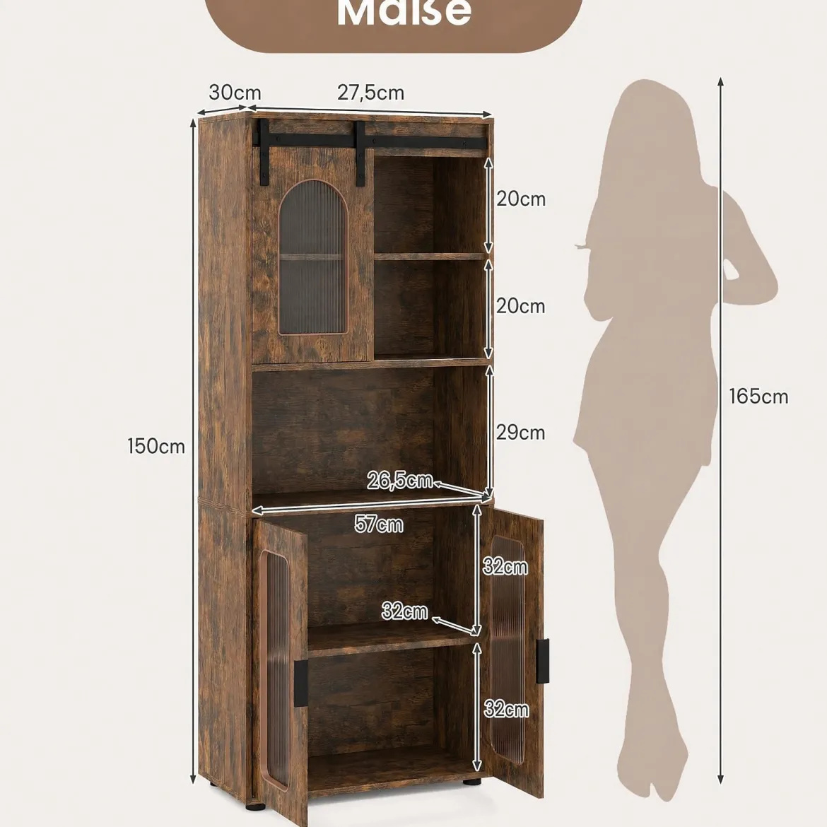 Badezimmerschrank im Landhausstil mit Schiebetür & Offenem Fach 60 x 30 x 150 cm