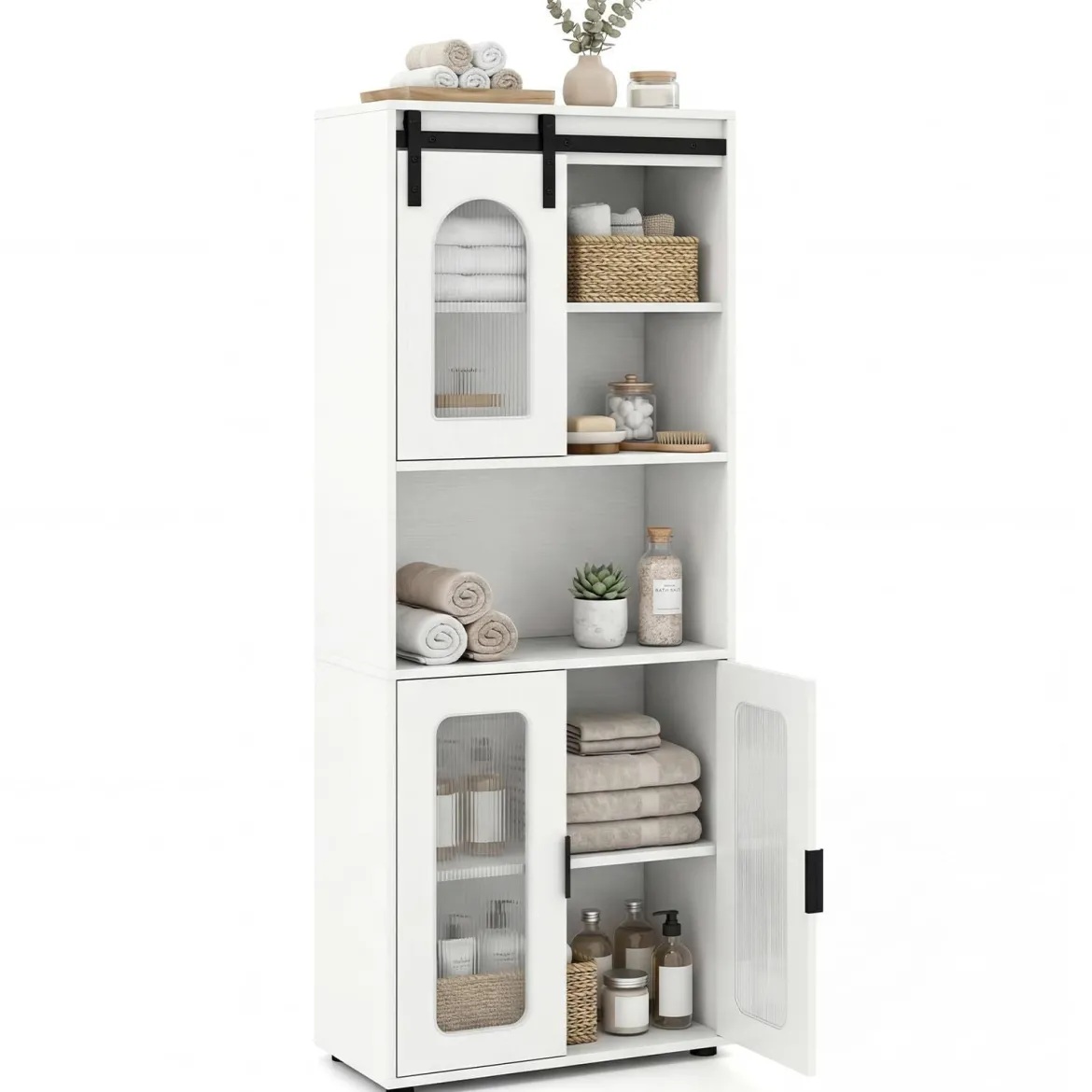 Badezimmerschrank im Landhausstil mit Schiebetür & Offenem Fach 60 x 30 x 150 cm