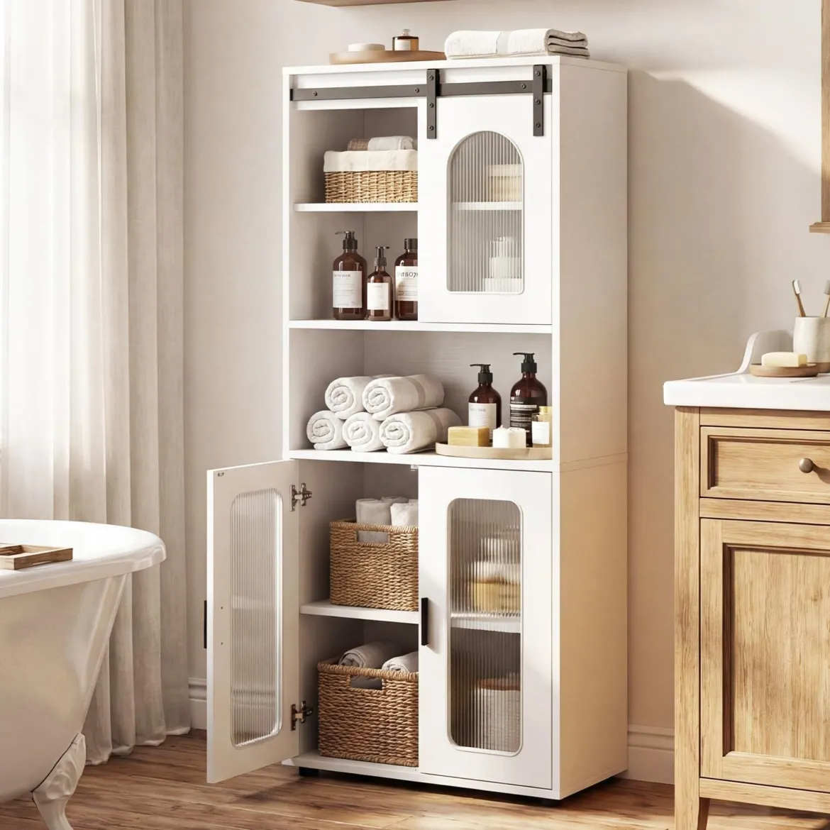 Badezimmerschrank im Landhausstil mit Schiebetür & Offenem Fach 60 x 30 x 150 cm