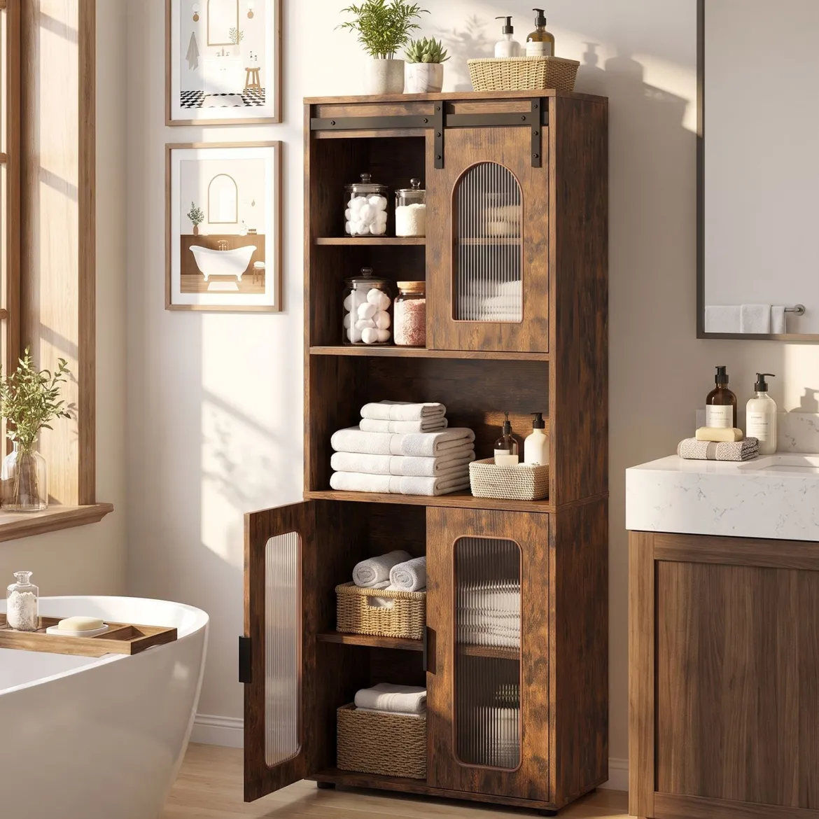 Badezimmerschrank im Landhausstil mit Schiebetür & Offenem Fach 60 x 30 x 150 cm