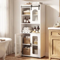 Badezimmerschrank im Landhausstil mit Schiebetür & Offenem Fach 60 x 30 x 150 cm