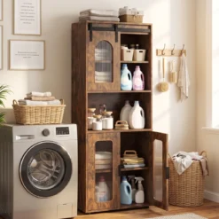 Badezimmerschrank im Landhausstil mit Schiebetür & Offenem Fach 60 x 30 x 150 cm
