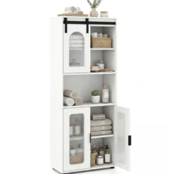Badezimmerschrank im Landhausstil mit Schiebetür & Offenem Fach 60 x 30 x 150 cm