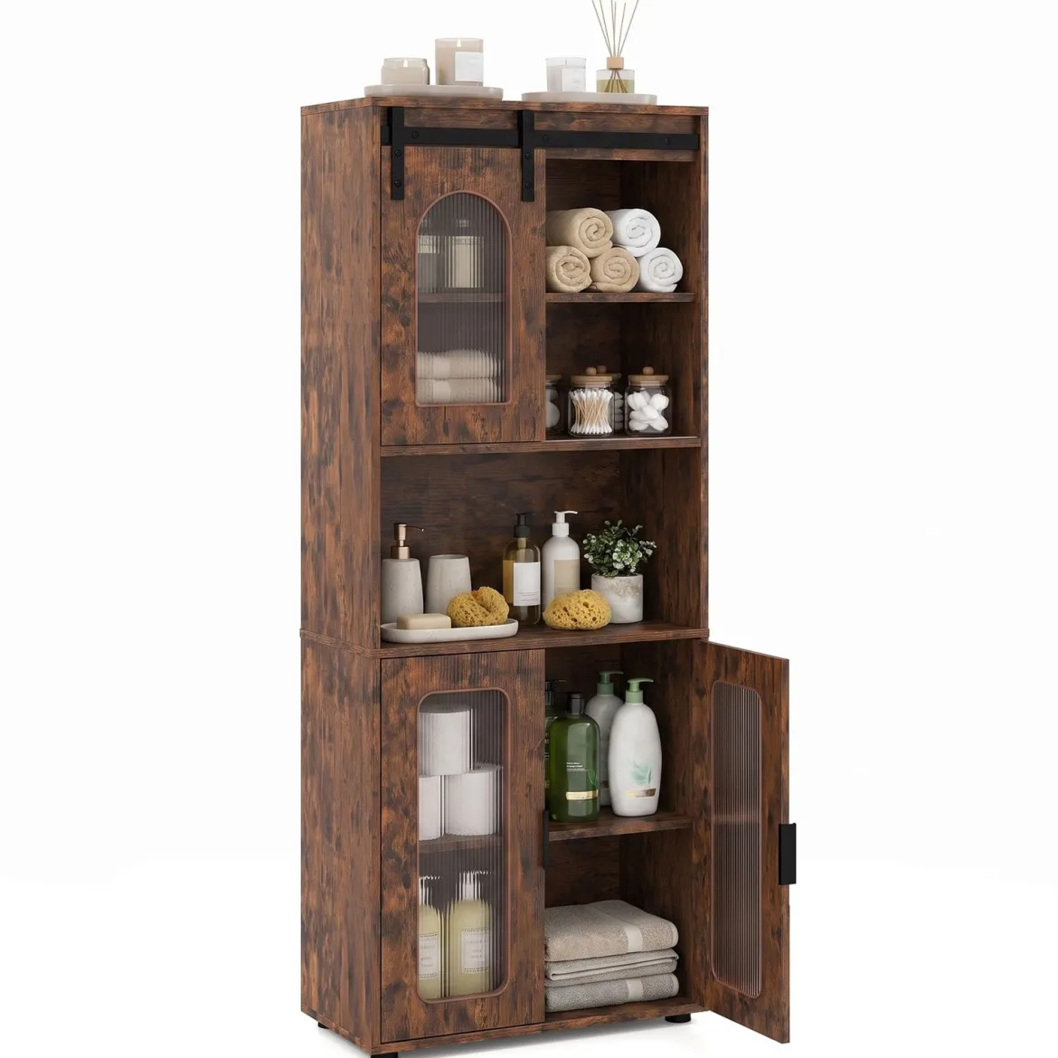 Badezimmerschrank im Landhausstil mit Schiebetür & Offenem Fach 60 x 30 x 150 cm