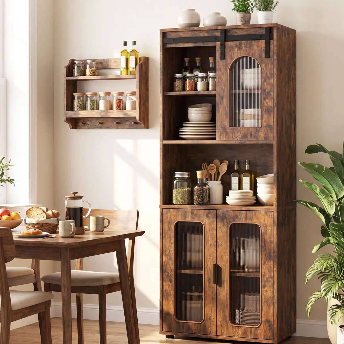 Badezimmerschrank im Landhausstil mit Schiebetür & Offenem Fach 60 x 30 x 150 cm