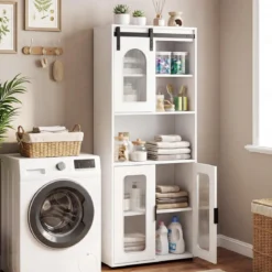 Badezimmerschrank im Landhausstil mit Schiebetür & Offenem Fach 60 x 30 x 150 cm