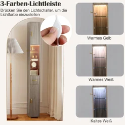 Badezimmerschrank mit Beleuchtung & Schublade & 3 Glasablagen Schmaler Badschrank Grau