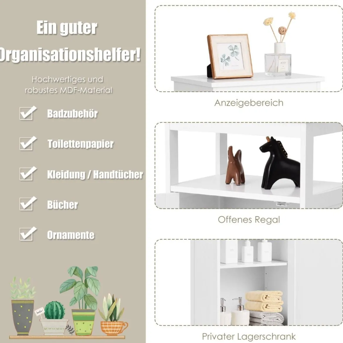 Badezimmerschrank mit Einzeltür und Verstellbarem Einlegeboden Weiß