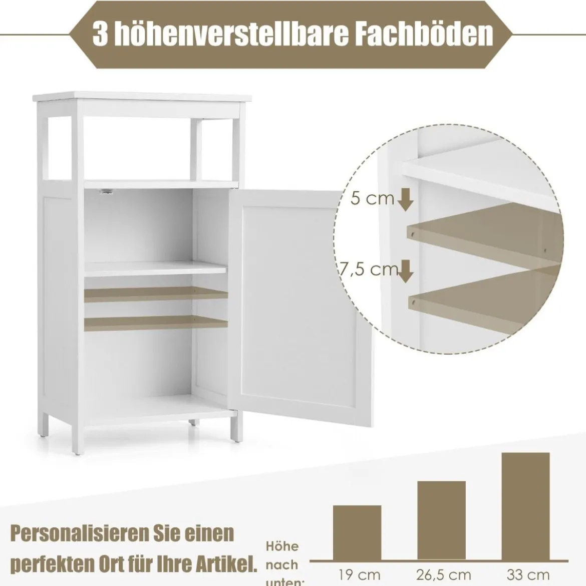 Badezimmerschrank mit Einzeltür und Verstellbarem Einlegeboden Weiß