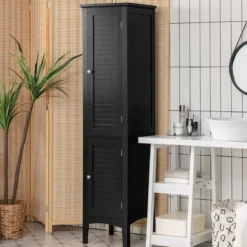 Badezimmerschrank mit 5 Fächern & 2 Lamellentür & Regalen & Kippsicherung Schmaler Hochschrank