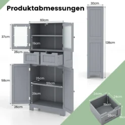 Badezimmerschrank mit 2 Glastüren 2 Schubladen und verstellbaren Regalen Grau