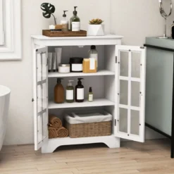 Badezimmerschrank mit 2 Glastüren & 2 Verstellbaren Ablagen Badschrank 60 x 30 x 80 cm Weiß